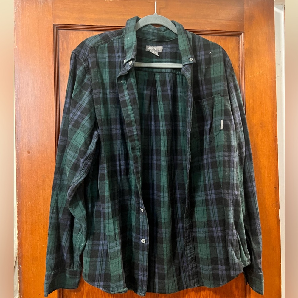 Eddie Bauer Green and Black Plaid Flannel Shirt